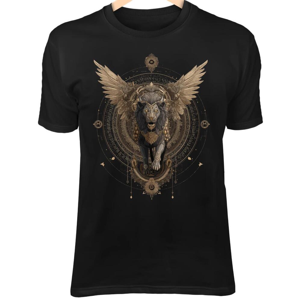 Sacred Lion T-Shirt Gothic Armor Wings Glowing Eyes Divine Guardian Art